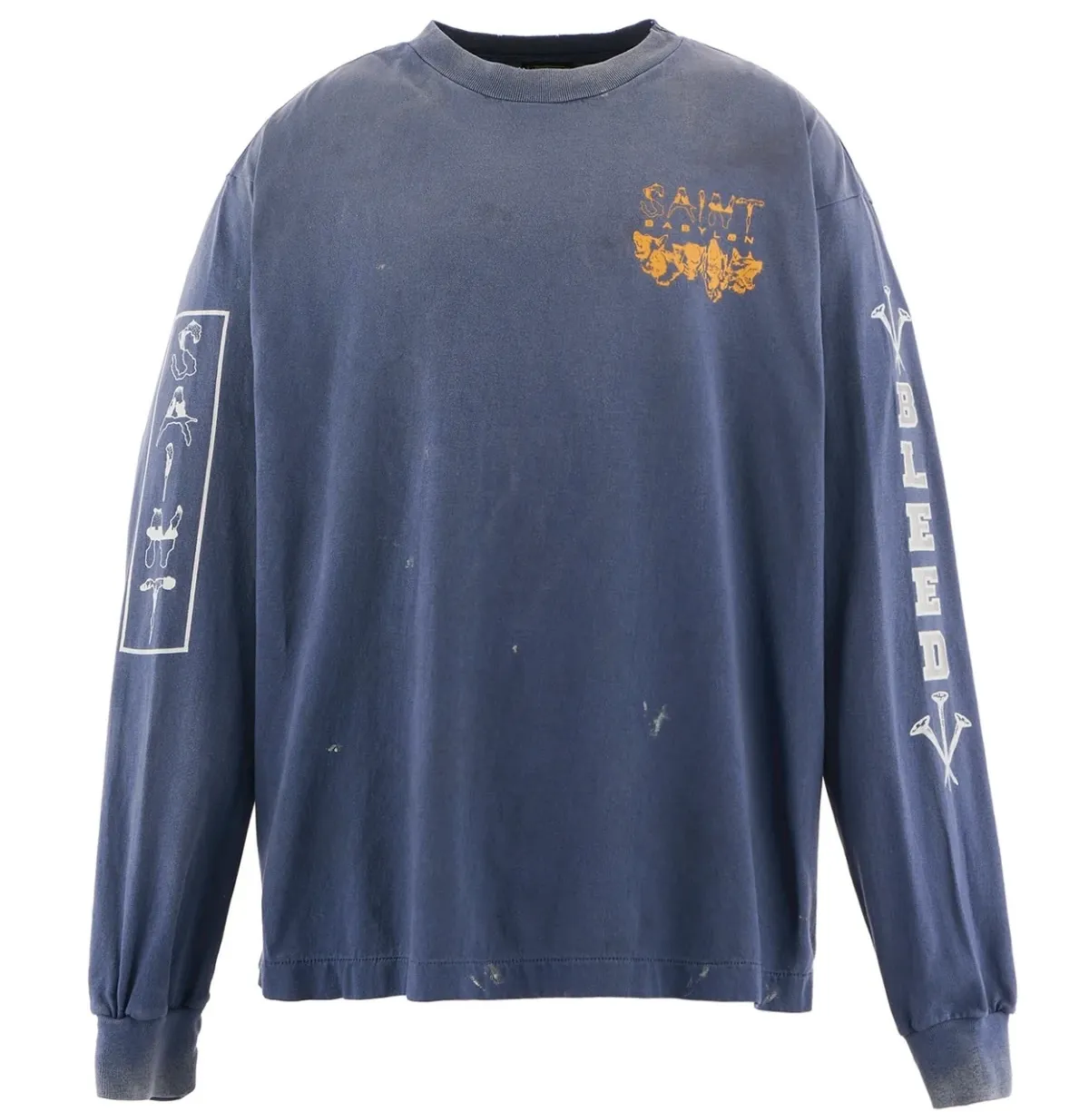 SAINT Mxxxxxx × BABYLON BBLN_LS TEE/SAINT BABYLON/NVY/BABYLON co-branded style Wolf head SAINT/nail distressed long sleeves Washed blue S-XL Completely matched Tube weaving fabric without side seams Garment dyeing Maliu water faded distressing Simulated sun fading treatment Natural fading Handmade holes and frayed Ink splashing treatment Correct main mark/wash mark/little angel anti-counterfeiting mark